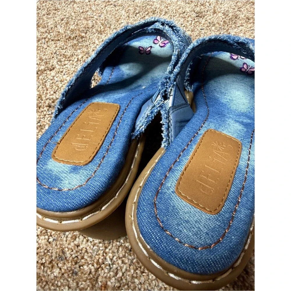 Delia's by Dolls Kill Star Worthy Cross Strap Slides 7 Denim Block Heel Sandals
